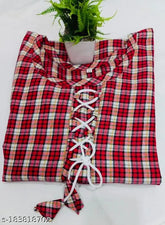 Stylish red multicolor woolen kurti only, three-quarter sleeves, checked pattern. Women's ethnic wear for women and girls, high-quality Indian fabric