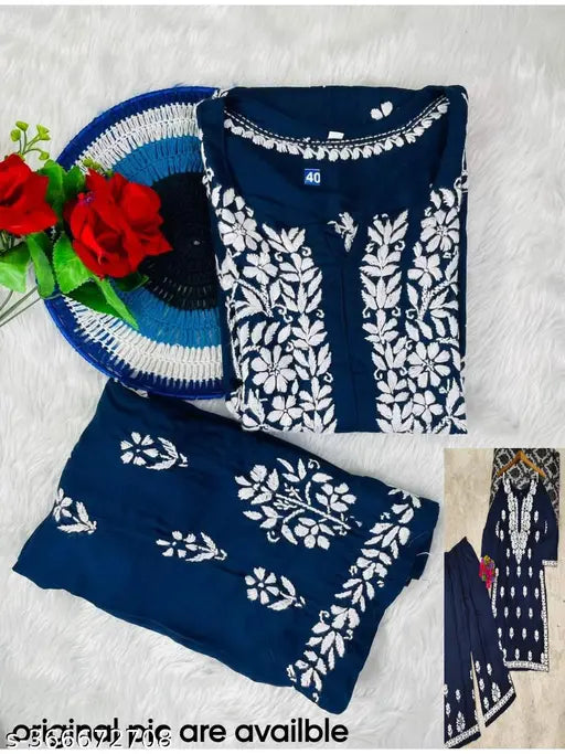 Rayon Chikankari Kurti & Palazzos Set - Embroidered, three-quarter sleeves, India-origin women's clothing set