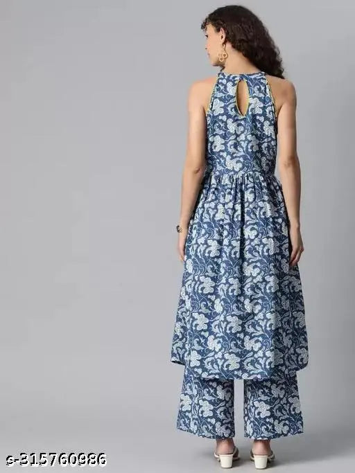 Women's viscose rayon printed kurta and palazzo set - sleeveless, colorful Indian fashion on hangar