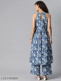 Women's viscose rayon printed kurta and palazzo set - sleeveless, colorful Indian fashion on hangar