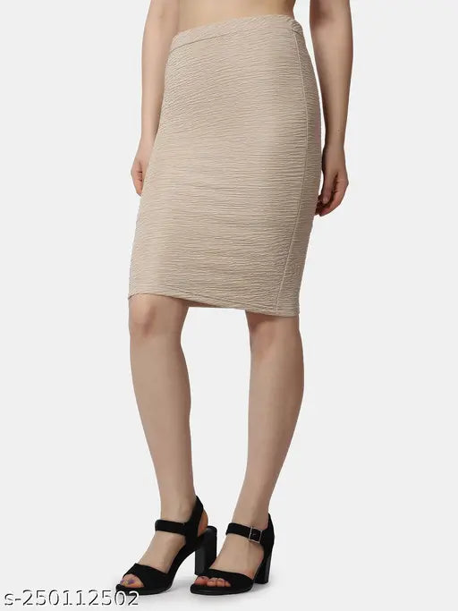 Women's solid pencil cream skirt, polyester, versatile and flattering, ideal for various body types, available in sizes 26-34