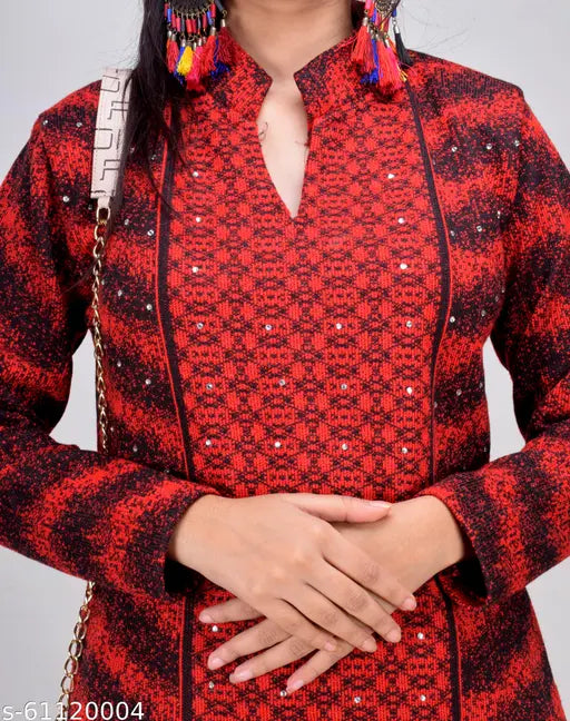 Red woolen women's straight-printed kurti, long sleeves, Indian winter fashion