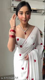 Red heart white Georgette saree with embroidered thread gamthi work and border piping, free size (length 5.5m, blouse length 0.8m), from India