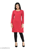 Navy blue women's long-sleeve woolen printed kurta with 2 sizes: M/36in, L/38in. Woolen winter wear perfect for casual outfits