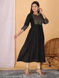 Black viscose rayon ethnic kurti dress with three-quarter sleeves, printed combo. S9XL size from Safoora The Plus Size Store