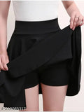Cotton blend solid net mini skirt with attached short, flared and flattering for women's casual wear, high quality, breathable material, available in multiple sizes from 26-36 inches