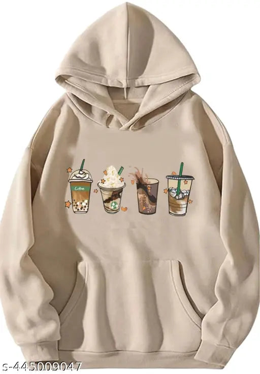 Beige espresso coffee hoodie, cotton blend with printed front design, premium quality, machine washable