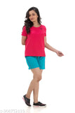 Women's & Girls Cotton Blended Shorts Set Pack of 2, 100% breathable and stretchable, casual top + shorts for everyday wear or cycling, gym, jogging, running, yoga, work-out, games like badminton, golf, fitness. Soft, slim fit, mid-rise, original night suit set proudly made in India. Perfect for daily use and special occasions