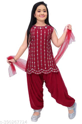 Embroidered Georgette Kids Patiala Kurta Set with mirror work, available in various sizes