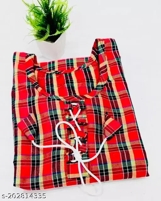 Stylish RGY multicolor woolen kurti only, three-quarter sleeve, checked pattern. Women's ethnic wear for home or parties, Indian fabric