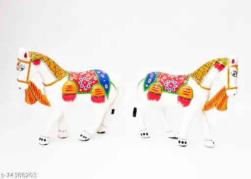 Handcrafted white and multicolor Paper Mache horse showpiece set, enhancing home decor with traditional-contemporary appeal, made in India (14cm, 18cm)