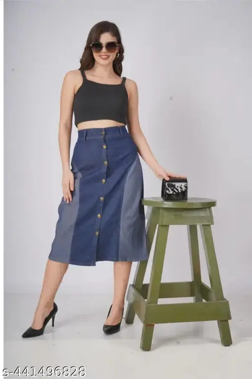 Colorblocked denim double shade skirt, India-made wardrobe essential for sizes 28, 30, and 32