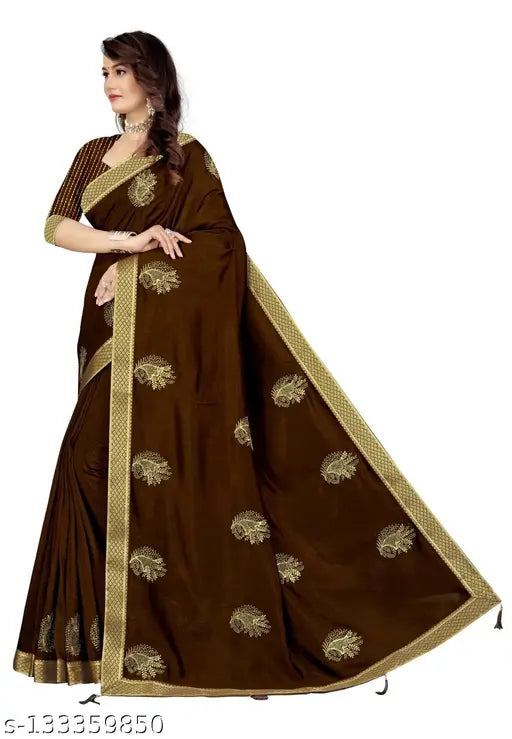 Coffee-colored Vichitra silk saree with zari embroidery, lightweight and soft for formal wear