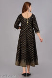 Stylish rayon gold printed kurti, three-quarter sleeves, vibrant pattern, Indian long Anarkali dress with gold accents and tashal detail on backside