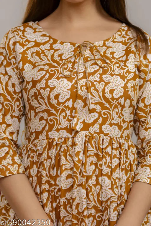 Three-quarter sleeve rayon floral printed Anarkali kurti for women, vibrant floral design