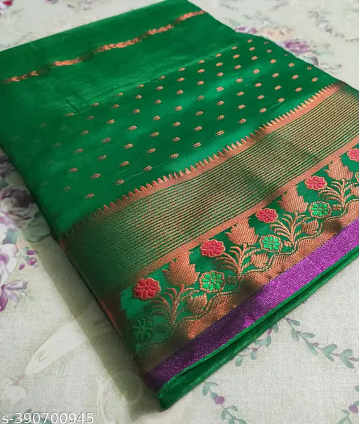 Parrot green Banarsi silk saree with copper zari Benteax border, all-over kalanjali design. High-quality bridal color saree for women on display
