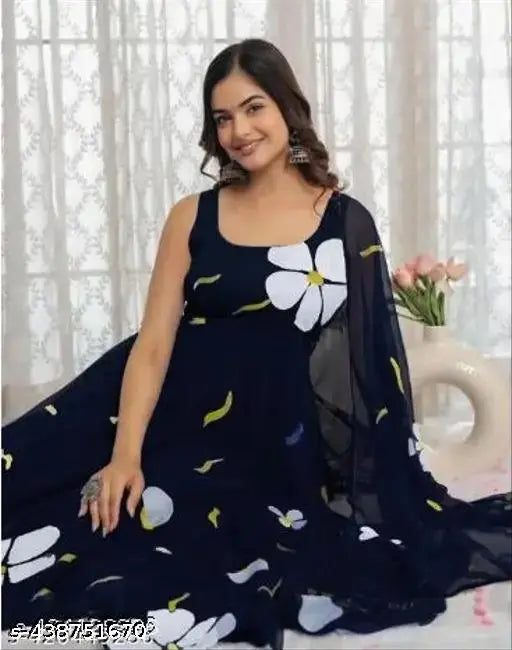 Georgette printed net fency anarkali gown for women, red partywear design with intricate stitching, regular fit, India origin