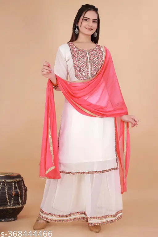 Georgette kurti set with sharara and dupatta, embroidered three-quarter sleeves, A-line silhouette for special occasions