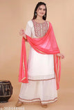 Georgette kurti set with sharara and dupatta, embroidered three-quarter sleeves, A-line silhouette for special occasions