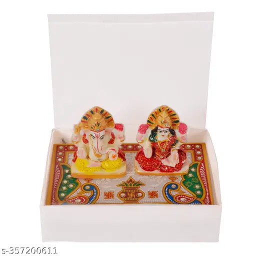 Multicolor marble Ganesh Lakshmi idol (6x4 inches) on Chowki, ideal for home decor or gifting, handcrafted in Kishangarh, Rajasthan, India