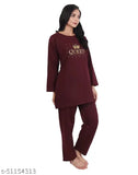 Matelco women's wool nightsuit set, printed typography design, long sleeves & pyjama style