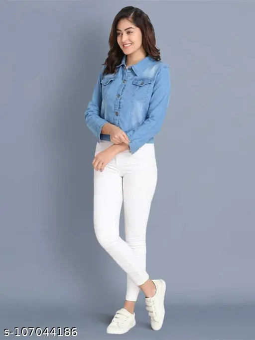 Light blue denim jacket, long sleeves, solid pattern by Kashian Women. Made in India
