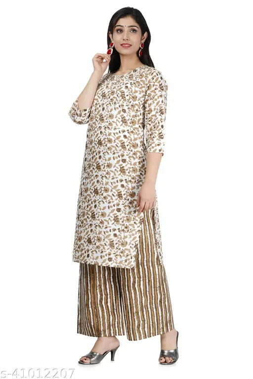 White and brown printed net Kurta Palazzo Set for women on display, made from cotton fabric with three-quarter sleeves