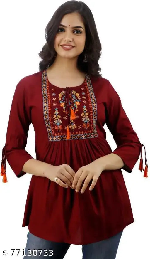 Rayon embroidered women's cape top kurta, solid color design, three-quarter sleeves. Indian handcrafted fashion wear