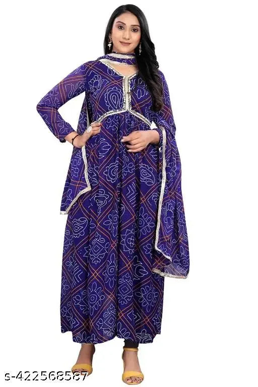 Georgette Less Bandhi Printed Aaliya Gown with Less Border Duppatta Set, heavy weight, India origin