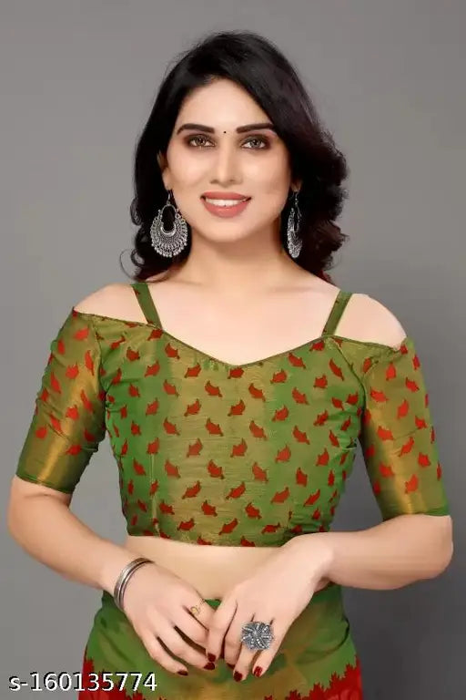 Chiffon digital floral saree with geometric print and zari border, free size, India origin