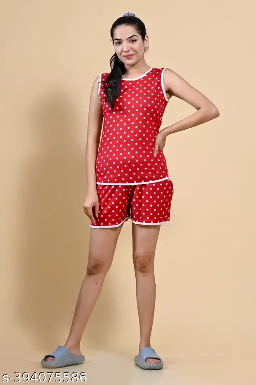 Smooth cotton night suit, easy comfort breathable top & shorts with polka print, perfect for sleepwear