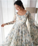 Georgette printed keshavi gown set with matching dupatta, long sleeves, vibrant Indian print