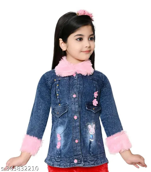 Suede embellished graphic borg collar denim jacket for little girls, sequins on sleeves & pocket, soft cotton fleece, premium construction