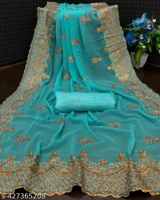 Georgette embroidered saree with Bangalori silk blouse, intricately embellished Indian bridal wear