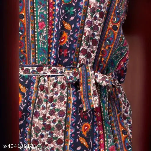 Colorful ethnic Jaipuri print crepe jumpsuit, soft and breathable fabric, round neck, short sleeves, cinched waist, side pockets