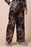 Satin leopard print women's coord set, long sleeve top & wide-leg pants with collar & elastic back, made in India (size S-XXL)