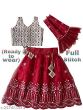 Taffeta silk and net floral stitch lehenga set with matching net dupatta for kids aged 6-8 years, Indian traditional partywear on display