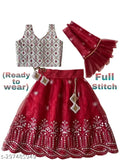 Taffeta silk and net floral stitch lehenga set with matching net dupatta for kids aged 6-8 years, Indian traditional partywear on display
