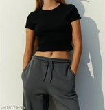 Black cotton women's crop tops - trending solid style, short sleeves, size L/XL, India origin