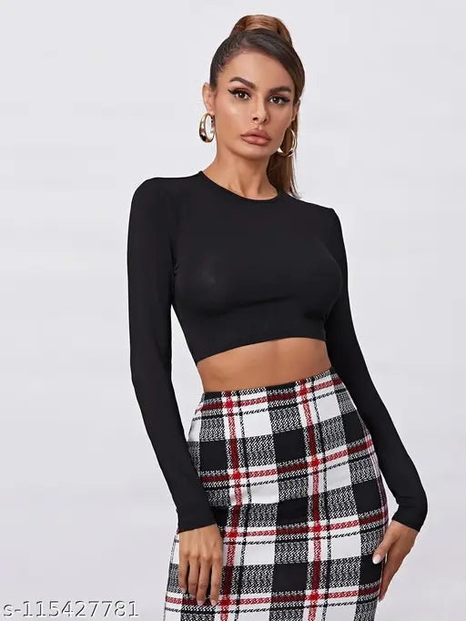 Women's full sleeve solid crop cotton t-shirt, long sleeves, solid pattern, XS to XXXXL sizes available