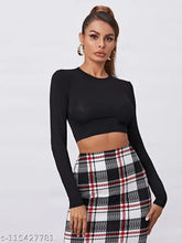 Women's full sleeve solid crop cotton t-shirt, long sleeves, solid pattern, XS to XXXXL sizes available