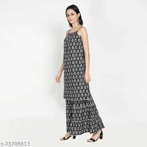 Cotton printed Kurta Sharara Set-Black: Sleeveless Indian traditional outfit with sharara bottom, featuring Gianna design in black cotton fabric