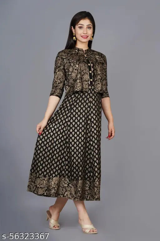 Black printed rayon Anarkali kurta with three-quarter sleeves, Indian women's fashion on mannequin