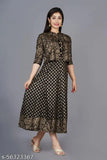 Black printed rayon Anarkali kurta with three-quarter sleeves, Indian women's fashion on mannequin