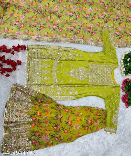 New designer Pakistani sharara suit set in chiffon and georgette, featuring printed three-quarter sleeved kurta, dupatta, and bottomwear. Free size (Bust 44in, Waist 43in, Length 40in). Indian origin