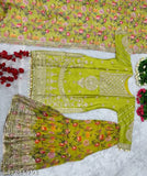New designer Pakistani sharara suit set in chiffon and georgette, featuring printed three-quarter sleeved kurta, dupatta, and bottomwear. Free size (Bust 44in, Waist 43in, Length 40in). Indian origin