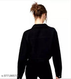 Trendy black cotton denim long sleeve jacket for women, solid pattern, various sizes available from S to XXL (India origin)