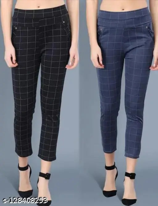 Trendy Girls Wear Check Pant (Cotton Lycra), casual and party wear, free size 28-30, Ganpati collection, checked pattern on display