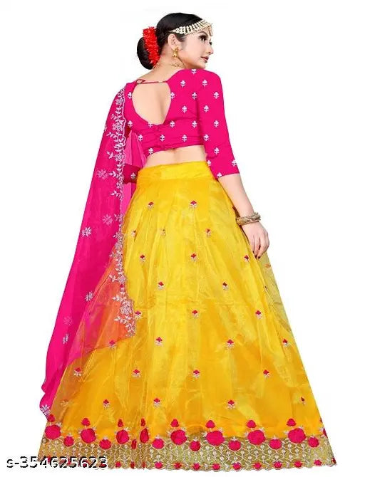 Embroidered Dupion Silk and Net Semi-Stitched Lehenga Choli with Cutwork Border, free size, trendy Indian fashion