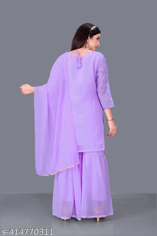 Georgette women's Sharara Salwar suit set, embellished with three-quarter sleeves, ready to wear